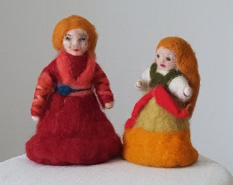 Wool Vintage Dolls Felted Dolls, Hand Made Folky Girls, 19 cm; 16,5 cm tall