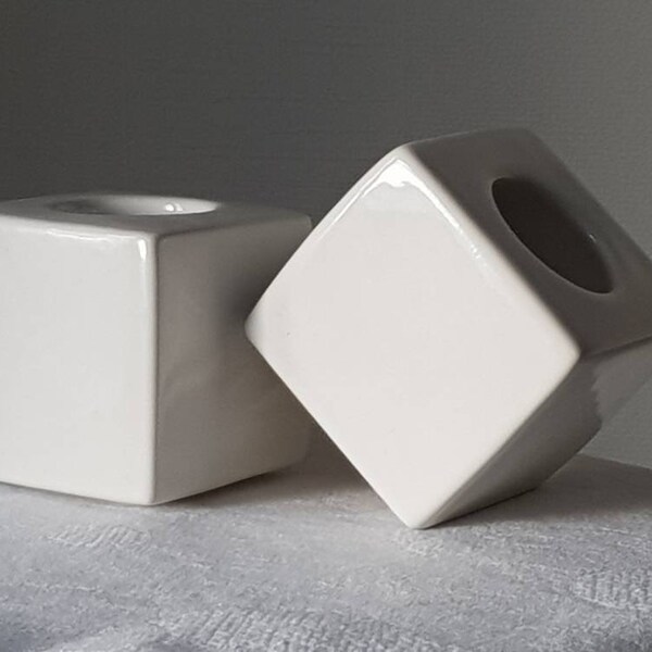 Set of 2 Hoganas Keramik Candle Holders, Cubes. Swedish Vintage White Glaze Stengods Ceramics. Scandinavian Design