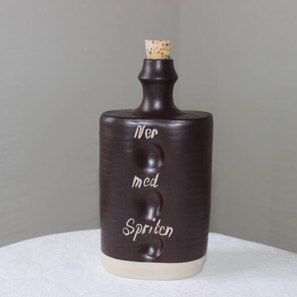 Sweden Krukmakaren Hoganas Keramik Decorative Pottery Ceramics Bottle Stoneware Flask carved "Ner med Spriten" Scandinavian design