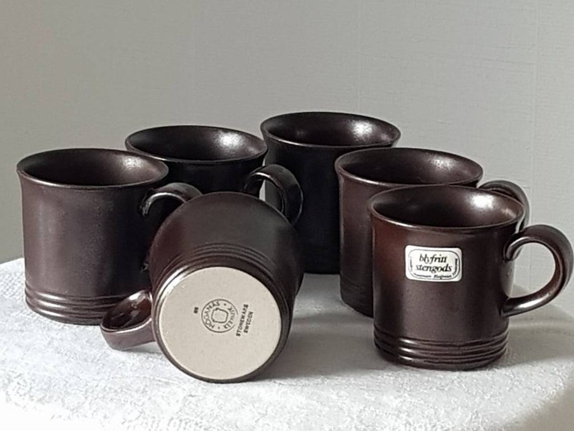 Höganäs Keramik Set of 6 Swedish Vintage Stengods Ceramic Brown Coffee