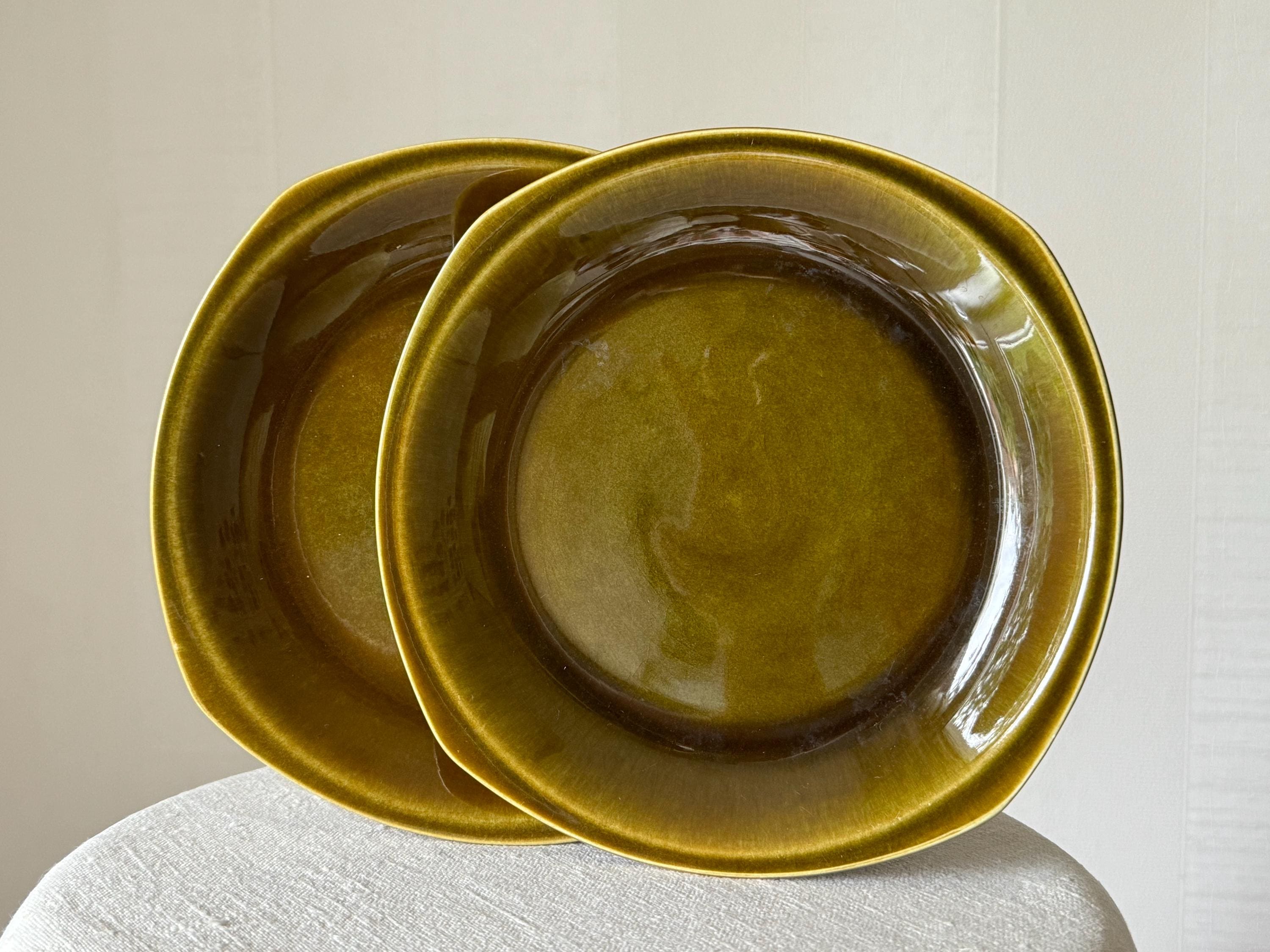 Vintage Upsala Ekeby Gefle REFLEX Plates: Scandinavian Olive-green