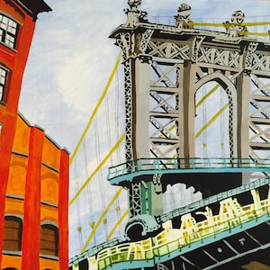 May include: A painting of the Brooklyn Bridge in New York City. The bridge is painted in shades of gray and blue, with yellow suspension cables. A red brick building is visible in the foreground.