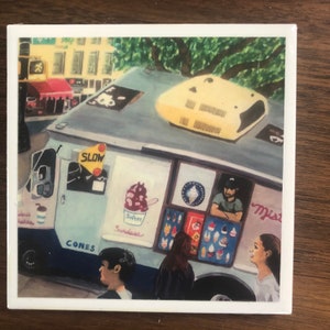 May include: A blue and white ice cream truck with a yellow roof and a sign that says "Slow". The truck has a window with a sign that says "Soft Ice" and "Sundaes". There are people standing in front of the truck, waiting to buy ice cream.