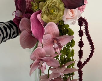 Pink Burgundy Moss Green Magenta Dusty pink cascading bridal bouquet, orchids, calla lilies, dahlias, ranunculus, roses and amaranthus