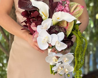 Mulberry White burgundy Green Cascading Bridal Wedding Bouquet: anthurium, amaranthus, orchid, calla lily silk flower bridal bouquet
