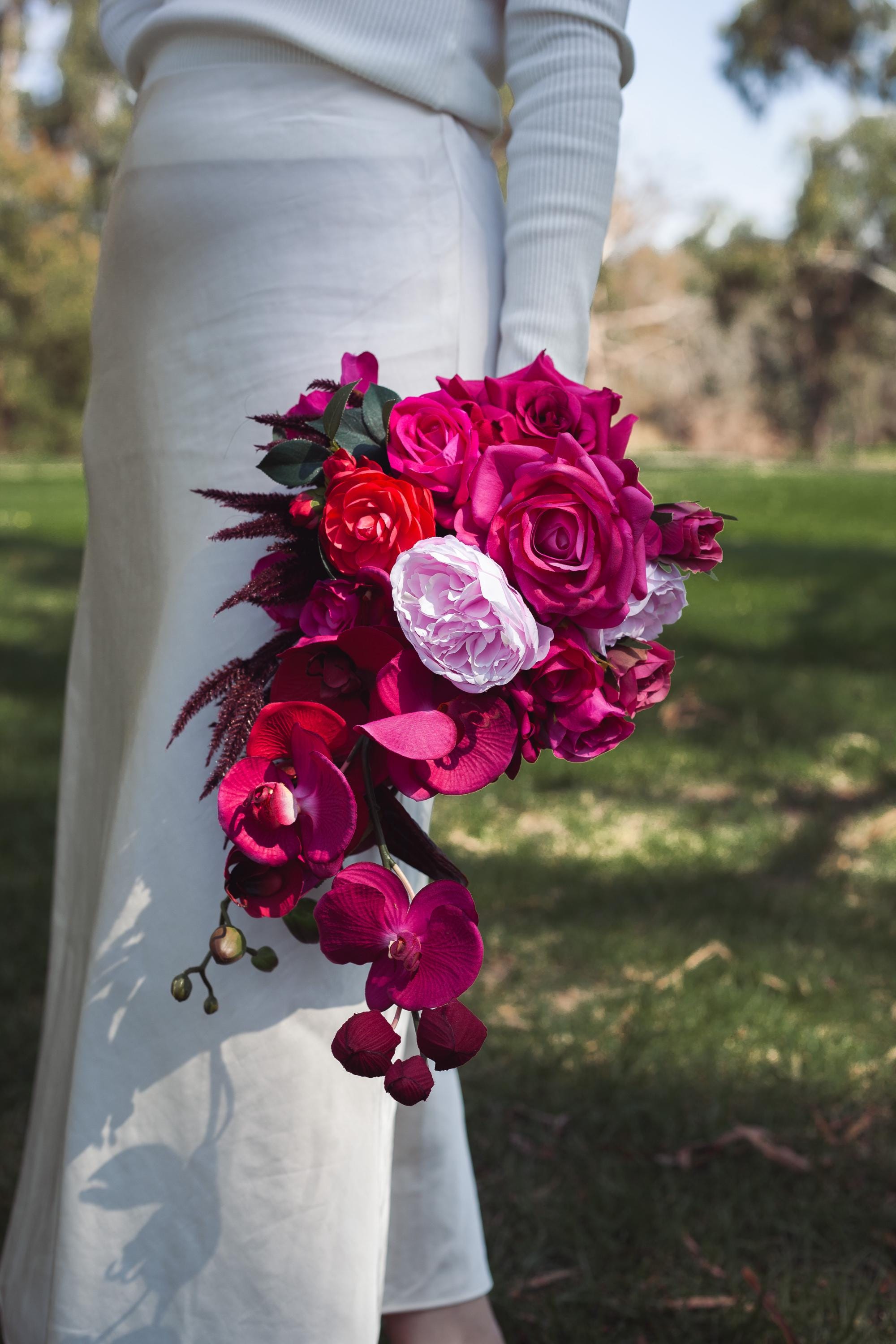 Hot Pink Cascading Bridal Bouquet, Red Silk Roses, Orchids