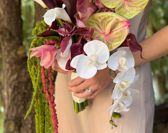 Mauve Burgundy Cymbidium Orchid Bouquet: White Burgundy Calla Lily, white cascading orchid, moss green red Amaranthus, Anthurium silk flower