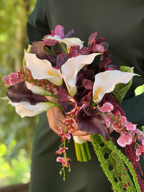 Burgundy white calla lily bouquet, white burgundy moody bouquet, vanda orchid, cymbidium orchid, dancing lady orchid, cascading amaranthus