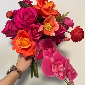 Hot Pink Orange Bridal Bouquet: Cascading Orchid, Jewel Tone Wedding Flowers