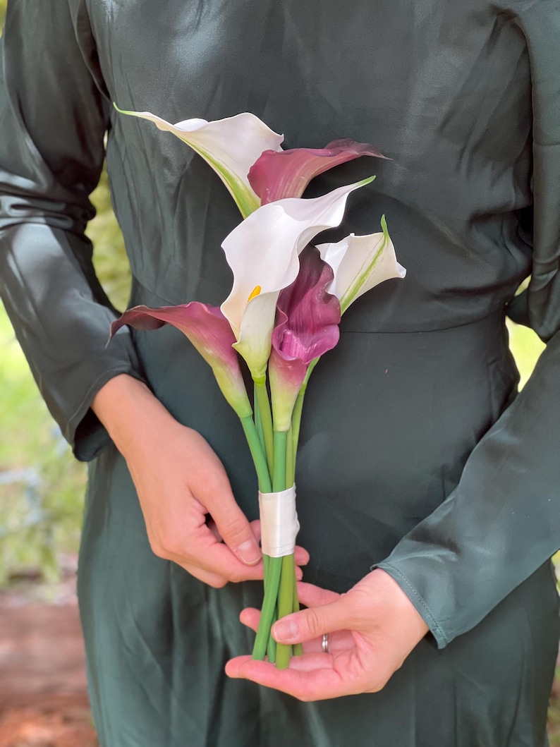 Pu&ograve; includere: Un bouquet di calle con fiori bianchi e viola scuro. I fiori sono legati con un nastro color crema. Gli steli verdi sono tenuti su uno sfondo verde scuro. Il bouquet &egrave; lungo circa 25 cm.