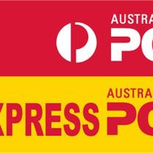 May include: A rectangular graphic divided into two horizontal sections. The top section is red with the white text AUSTRALIA POST and a white circular logo. The bottom section is yellow with red text EXPRESS POST and a red circular logo.