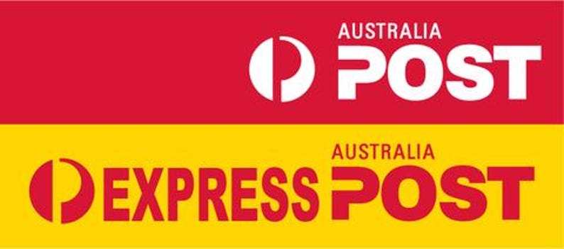 May include: A rectangular graphic divided into two horizontal sections. The top section is red with the white text AUSTRALIA POST and a white circular logo. The bottom section is yellow with red text EXPRESS POST and a red circular logo.