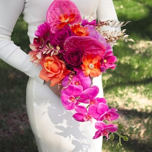 Hot Pink Cascading Bridal Bouquet: Orchid, Rose, Cosmos Wedding Flowers