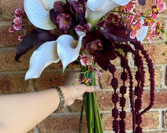 White burgundy calla lily bouquet, modern moody bouquet, vanda orchid, cymbidium orchid, dancing lady orchid, cascading amaranthus