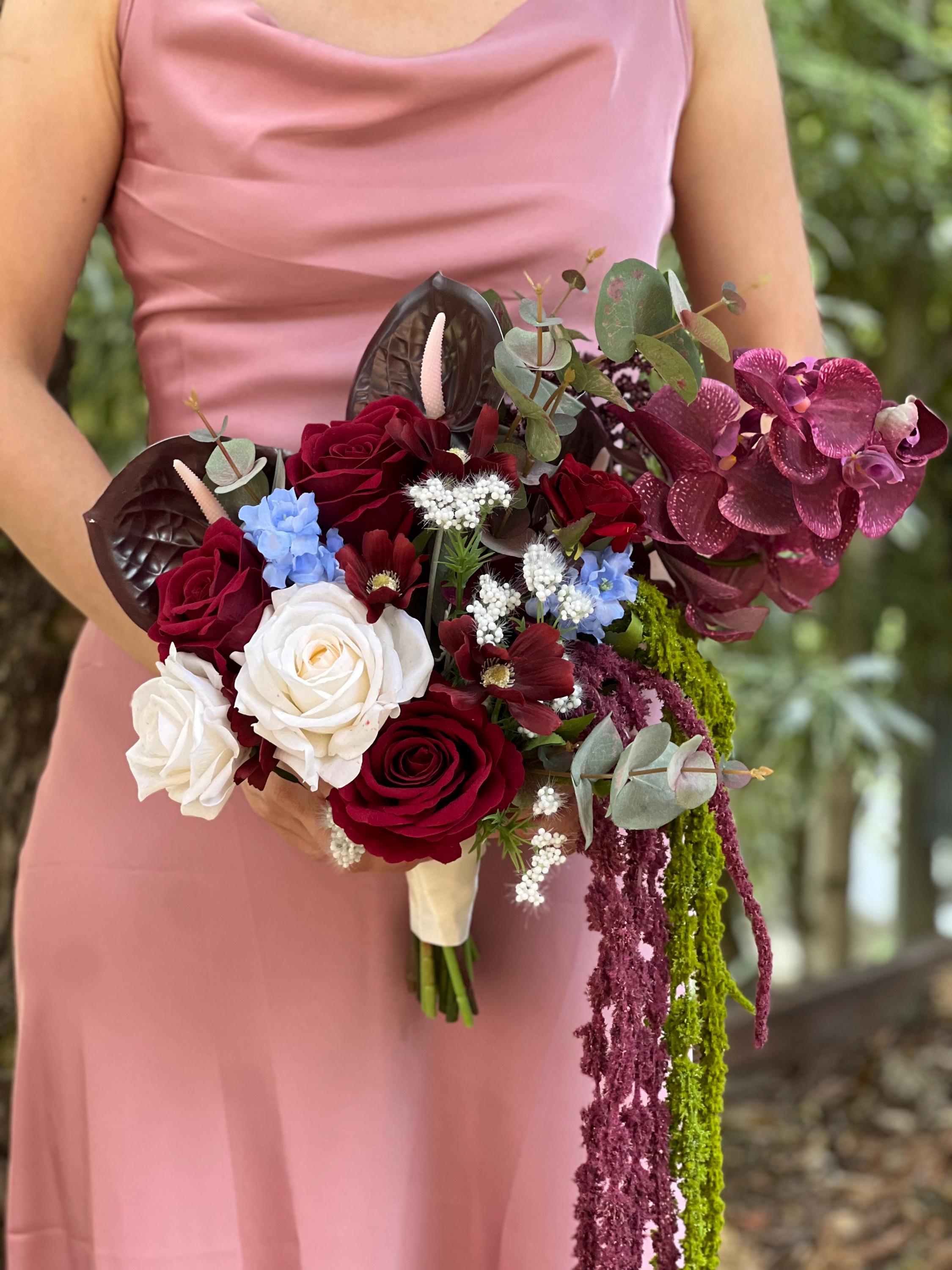 burgundy bouquet adare dress White Red blue Cascading Wedding Bouquet: Amaranthus, Orchid, mossy Anthurium, Maroon Roses with Eucalyptus leaves silk flowers Color:Chambray Daisy Scatter