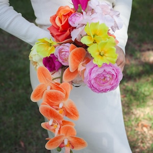 Vibrant Spring Wedding Bouquet: Orange Orchids, Pink Roses