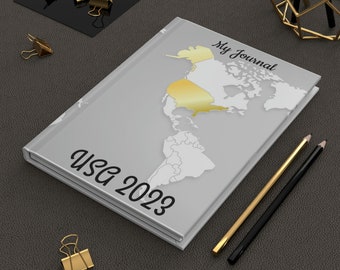 Diario de viaje - Estados Unidos de América (EE. UU.) 2023, Cuaderno Layflat, Tapa dura, Personalizado, Pequeño regalo, Diario rayado, Cuaderno de mapas