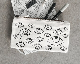Evil eye POUCH, tobacco bag, organic cotton, zipper pouch, hand painted, make up bag, travel pouch, eco gift, gift for her, cotton pouch
