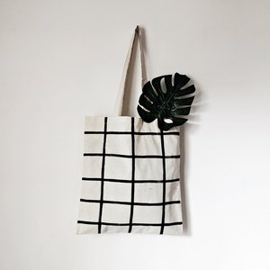 Minimal Tote Bag, Grid tote bag, Bag with White and Black Grid Pattern, Canvas Tote Bags, modern square tote bag, reusable shoulder bag image 1