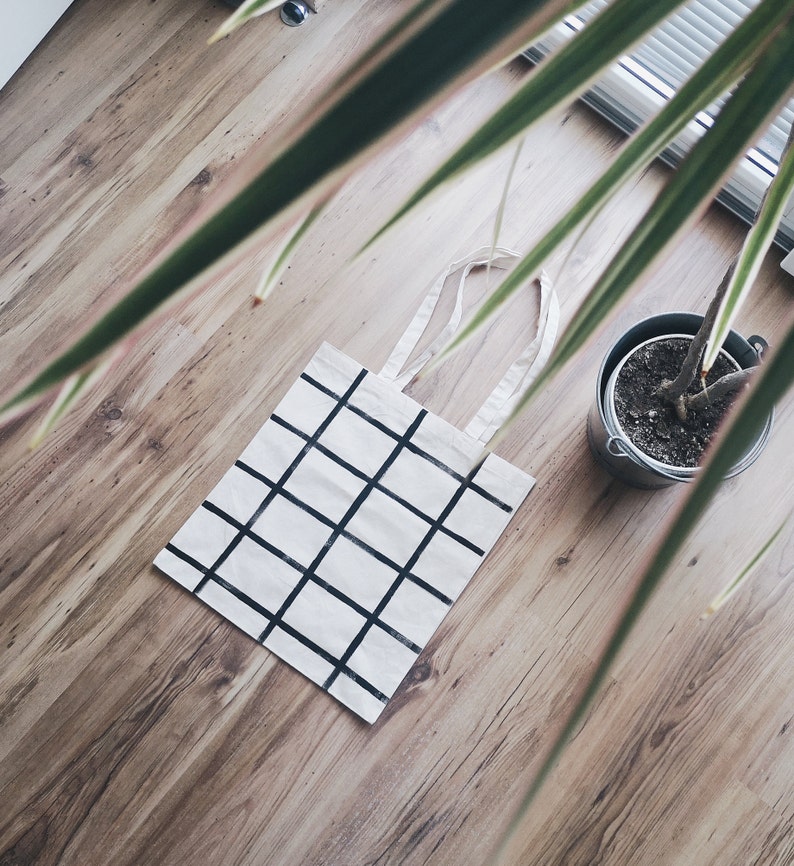 Minimal Tote Bag, Grid tote bag, Bag with White and Black Grid Pattern, Canvas Tote Bags, modern square tote bag, reusable shoulder bag image 4