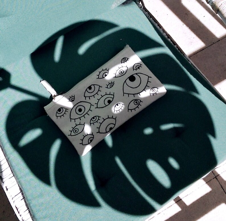 Evil Eye POUCH, Tobacco Bag, Organic Cotton, Zipper Pouch, Hand Painted