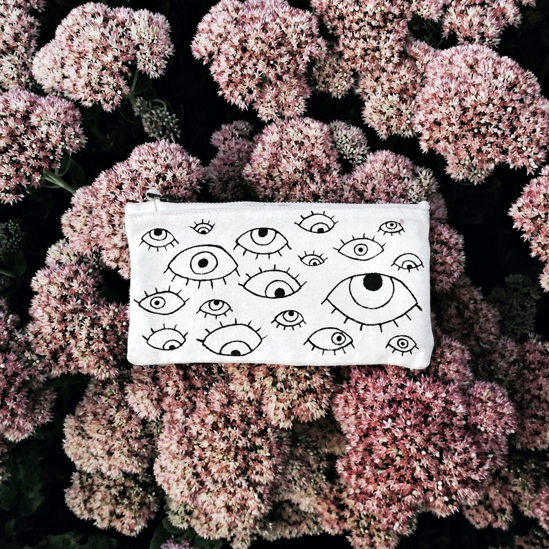 Evil Eye POUCH, Tobacco Bag, Organic Cotton, Zipper Pouch, Hand Painted