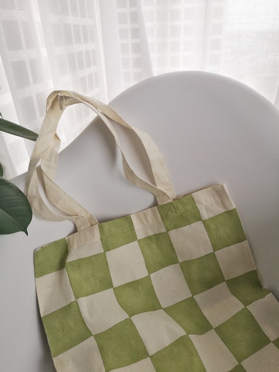Green Checkered Tote Bag Hand Painted Cotton Tote Bag Eco Friendly Bag Unique Checked Accessorie Pintado A mano Gift for A Friend