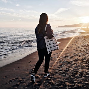 Minimal Tote Bag, Grid tote bag, Bag with White and Black Grid Pattern, Canvas Tote Bags, modern square tote bag, reusable shoulder bag image 2