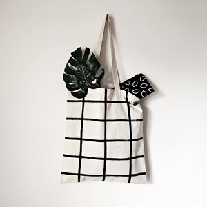 Minimal Tote Bag, Grid tote bag, Bag with White and Black Grid Pattern, Canvas Tote Bags, modern square tote bag, reusable shoulder bag image 3