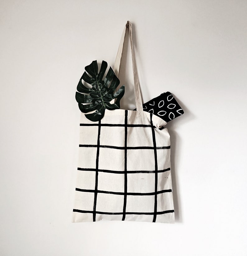 Minimal Tote Bag, Grid tote bag, Bag with White and Black Grid Pattern, Canvas Tote Bags, modern square tote bag, reusable shoulder bag image 3