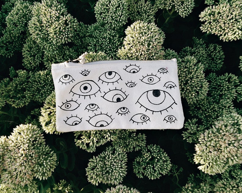 Evil Eye POUCH, Tobacco Bag, Organic Cotton, Zipper Pouch, Hand Painted