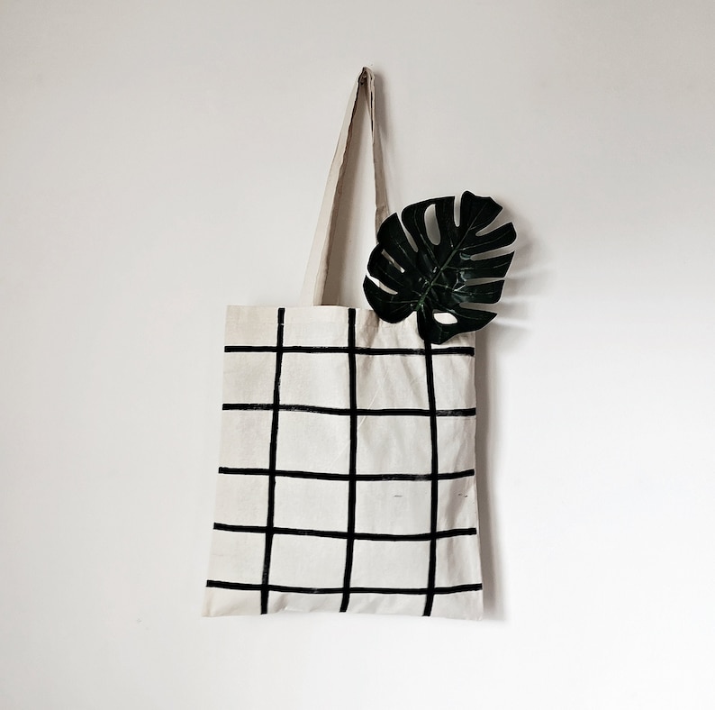 Minimal Tote Bag, Grid tote bag, Bag with White and Black Grid Pattern, Canvas Tote Bags, modern square tote bag, reusable shoulder bag image 1