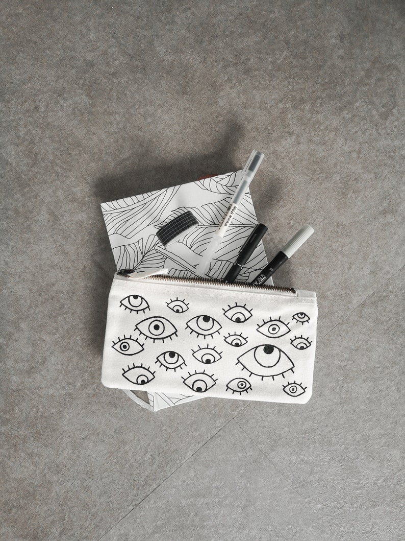 Evil Eye POUCH, Tobacco Bag, Organic Cotton, Zipper Pouch, Hand Painted