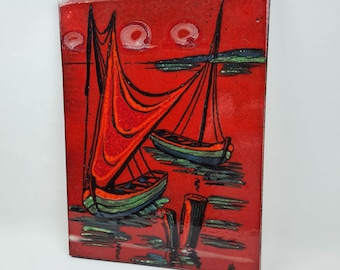 Wall tile from the 1970s - Large ceramic tile sunset sailing ships