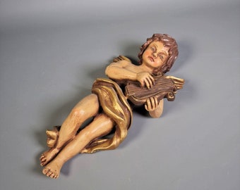 Baroque angel with lyre handpainted by guild - decorative mass figure