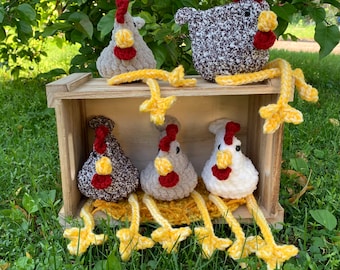 Small crochet chicken, plush farm animal decor, chick shelf sitter, leggy chicken