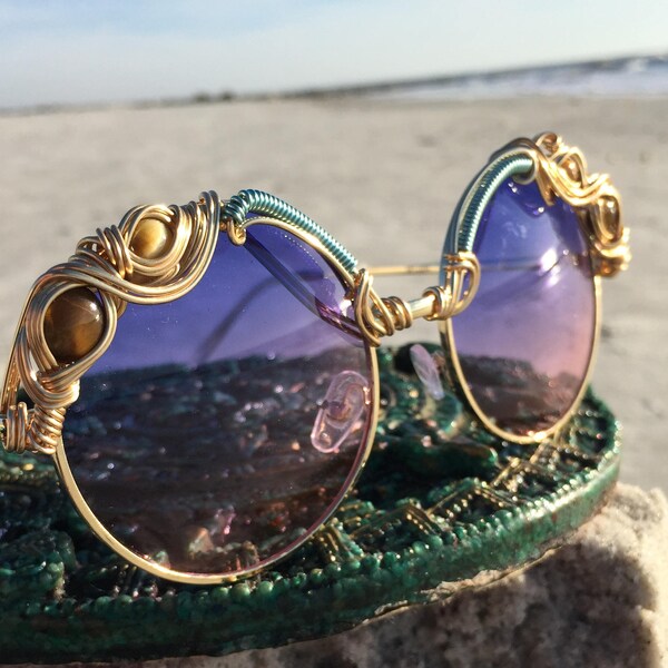 Artisan Purple Pink Gemstone Sunglasses Women's, Spunglasses, Round Sunglasses Eyewear, Eyeglasses, Boho Sunglasses, Bohemian Sunnies, NEW