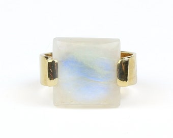 Rainbow Moonstone Statement Ring | Geometric Square Gemstone Silver Ban