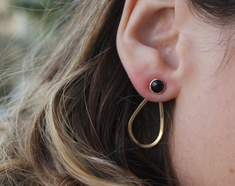 Geometric Gold Onyx Ear Jacket Earrings | Front & Back Teardrop Style