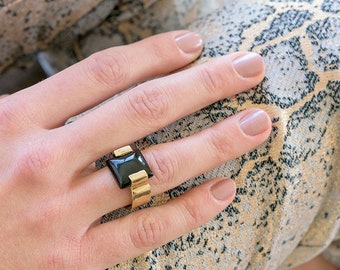 Bold Geometric Unisex Signet Pinky Ring with Large Black Onyx Gemstone and Gold Band