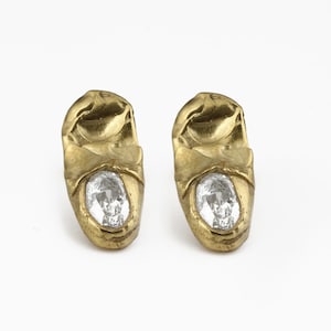 Raw Asymmetrical Gold Studs | Rustic Mismatched Earrings with Faceted Zirconia