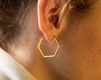 SALE - Delicate Hoops, Gold Hoop Stud Earrings, medium size hoops,Gold Geometric Hoop Earrings,Gold Hexagon Hoop Earrings, perfect hoops