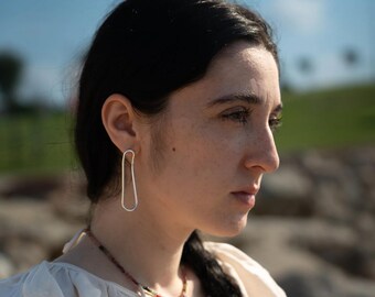 Statement Earrings | Bold Geometric Oval Statement Hoops | Dangling U-Shape Design with Chain Fringe