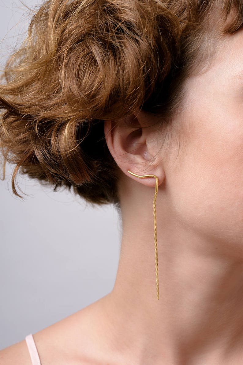 Threader Ear Climber Dangle Earrings Gold Ear Vines with Modern Twist image 1