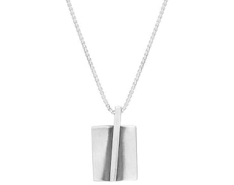 Men's Minimalist Oxidized Silver Rectangular Pendant Necklace - Unique Brushed Matte Finish, Lightweight Everyday Wear | Necklace Aesthetic