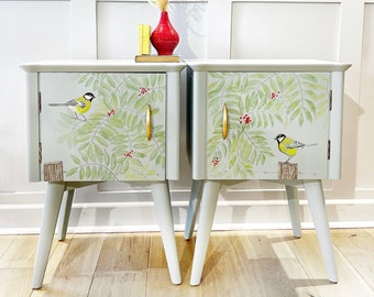 Bedside cabinets, pair of bedsides, hand painted design, mid century, made to order