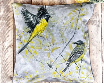 Velvet Cushion Cover, Bird Design Cushion Cover, Watercolour Bird Art Cushion Cover