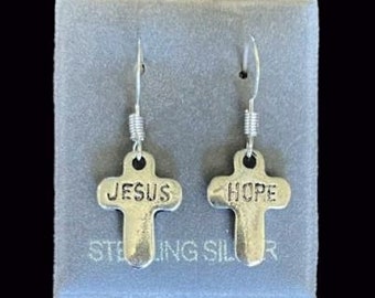 CHRISTIAN Sterling Silver EARRINGS Words JESUS Love Hope Faith Religious Cross Gift Small Dangles Dangling