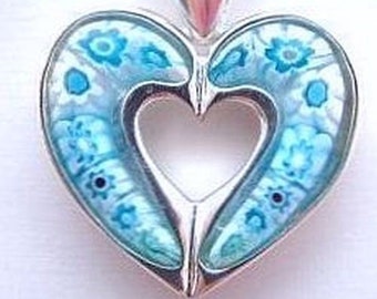 Italian Aqua MURANO Millefiori & STERLING SILVER Heart Necklace Pendant Handmade in Italy and Optional Silver Neck Chains