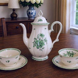 May include: A cream-colored porcelain tea set featuring a fluted teapot with a lid and two matching teacups on saucers. Each piece is decorated with green floral patterns and thin green trim along the edges, handles, and base of the teapot.
